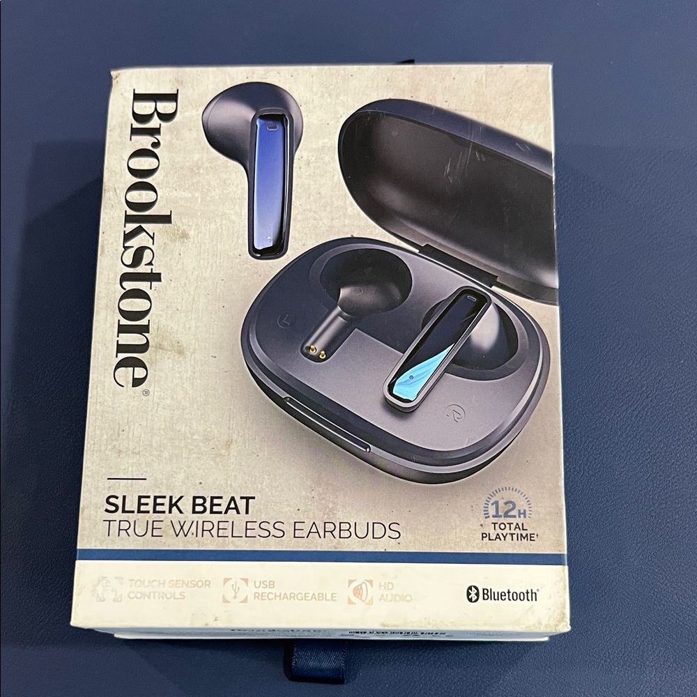 Brookstone Sleek Beat Wireless Earbuds - Black and Blue Design